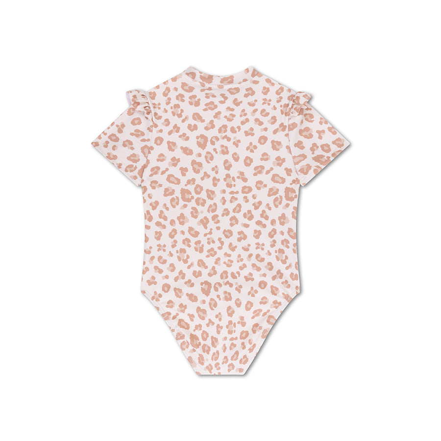 Swimsuit Girls With Short Sleeves - Beige - Leopard