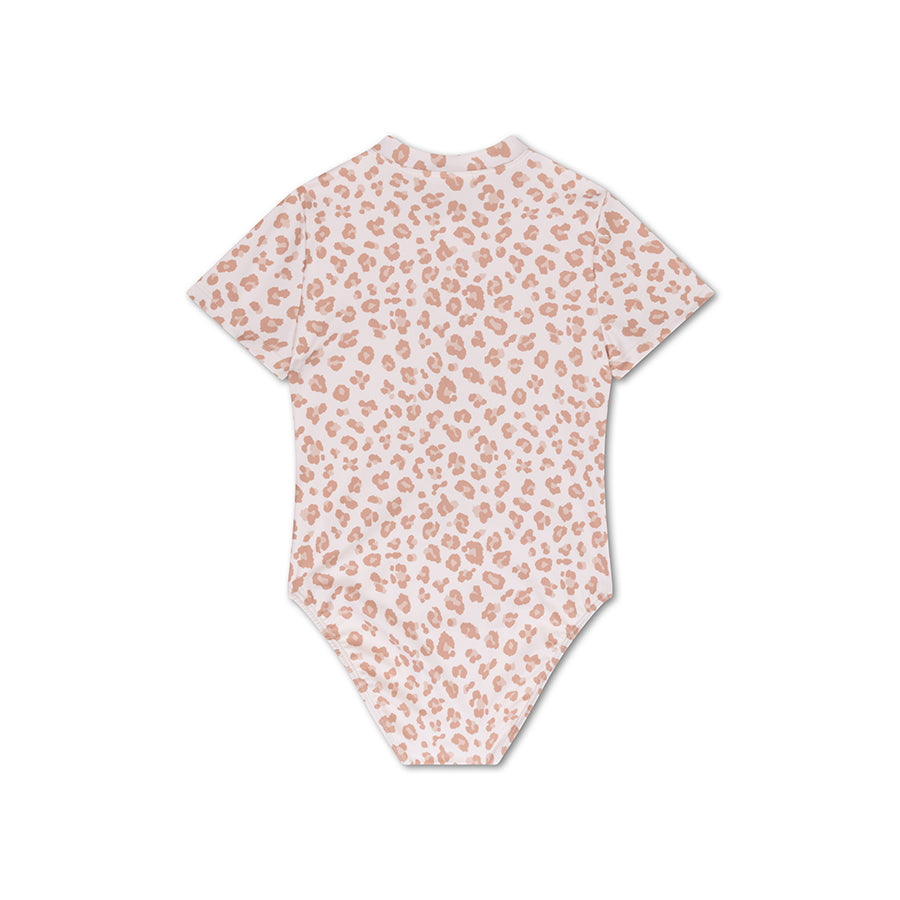 Swimsuit Girls With Short Sleeves - Beige - Leopard