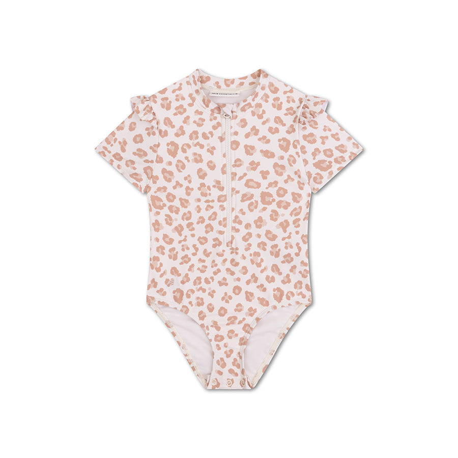 Swimsuit Girls With Short Sleeves - Beige - Leopard