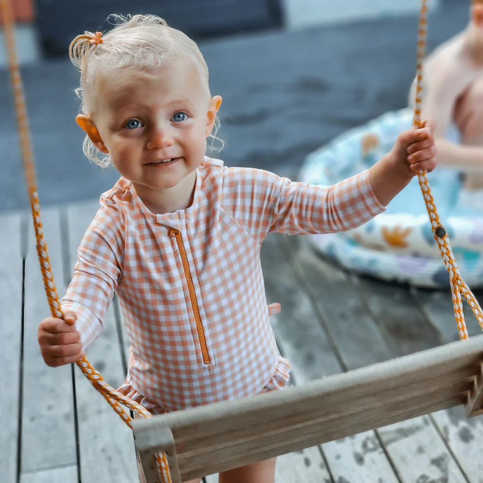 Bañador UV Niña con Mangas - Naranja/Blanco - Sunset Grid