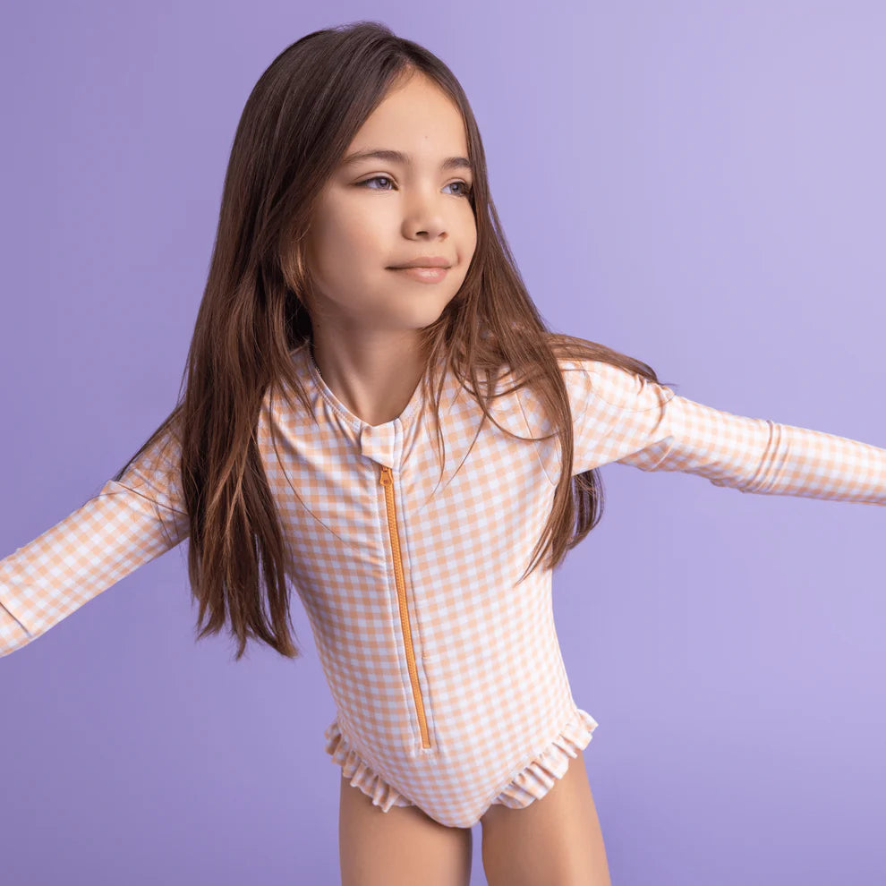 Bañador UV Niña con Mangas - Naranja/Blanco - Sunset Grid