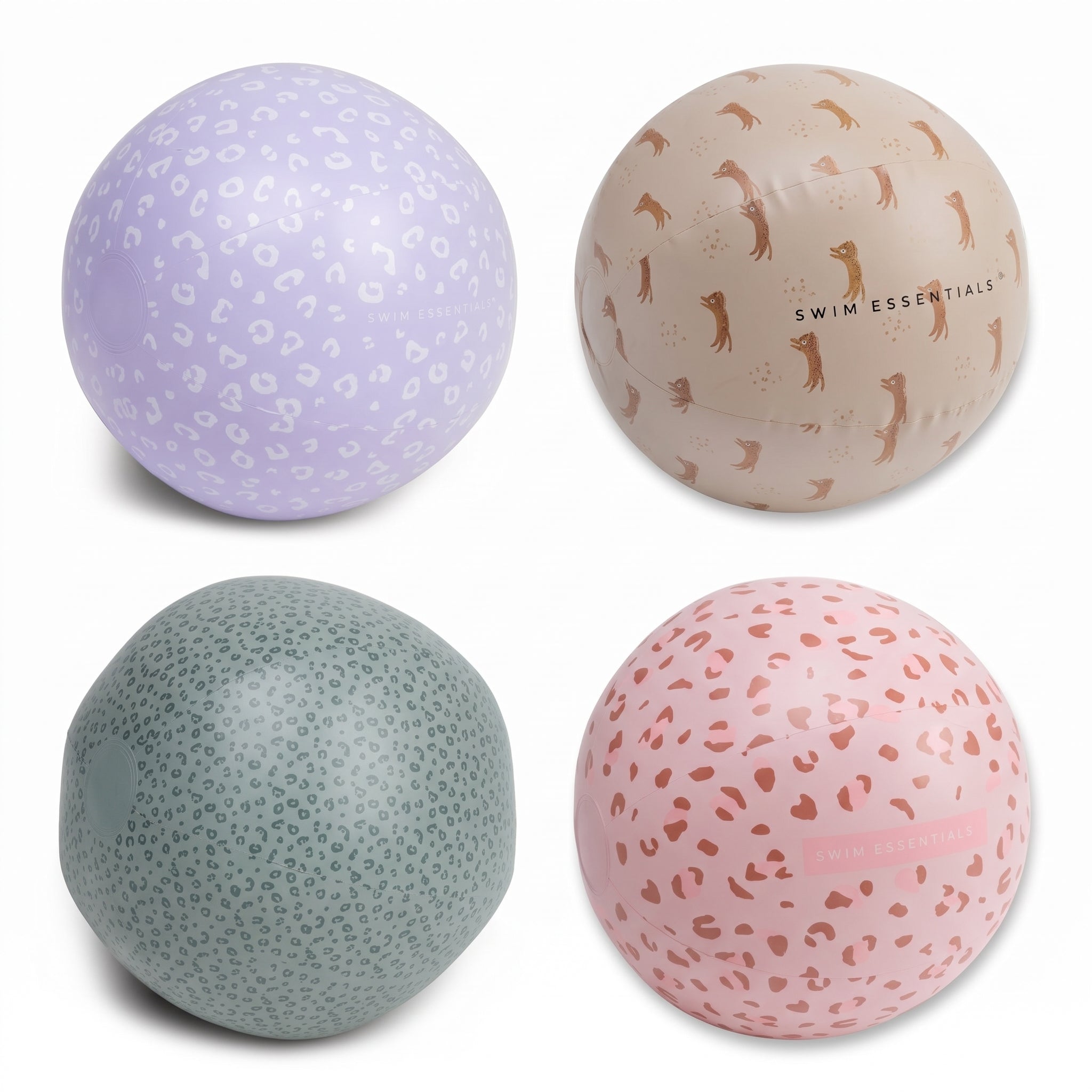 Four textured beachballs arranged in a 2x2 grid on a white background. The top-left ball is lavender with a white leopard print.