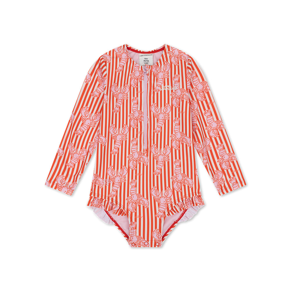 UV Swimsuit Girls With Long Sleeves - Red - Lobster Bay