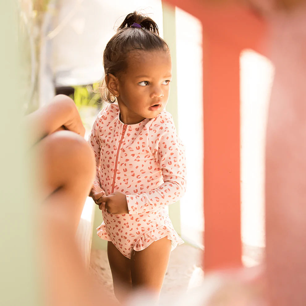 Bañador UV Niñas con Mangas - Old Pink - Leopard