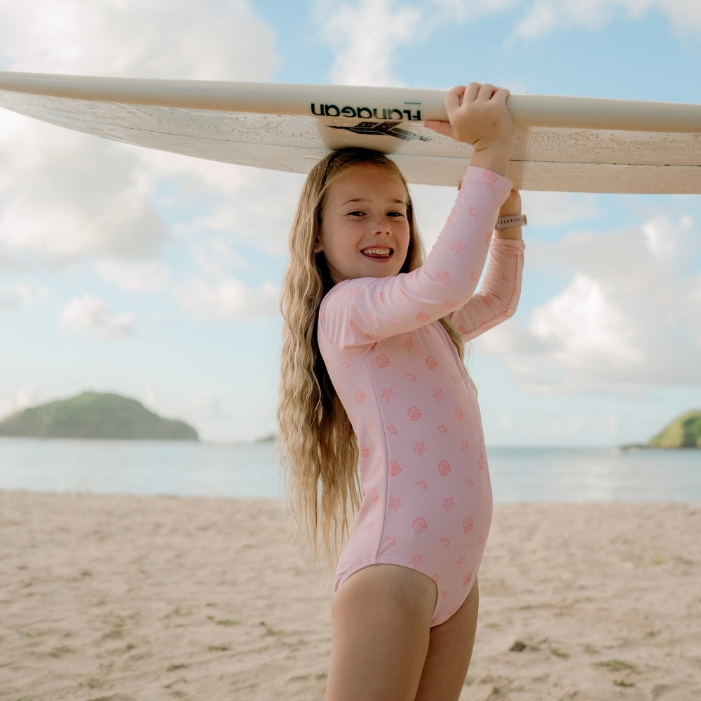 UV Swimsuit Girls With Long Sleeves - Pink - Shell Tastic